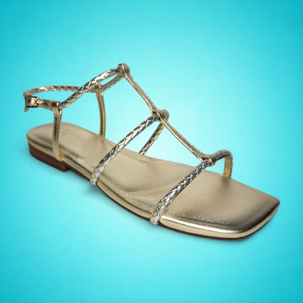 Women's Marc Fisher LTD Gold Leather Maze Flat Sandals, Size 6.5. Retails $120